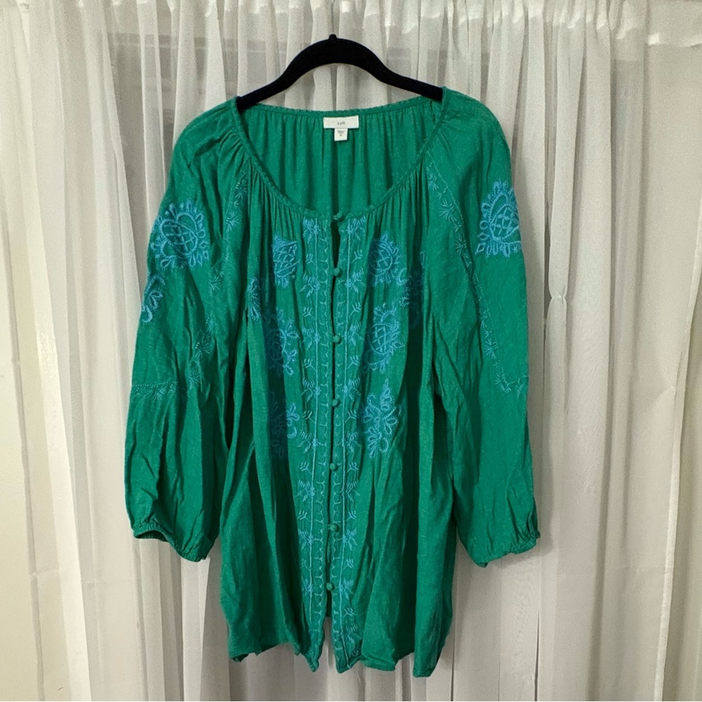 J. Jill Green Blouse with Blue Floral Details